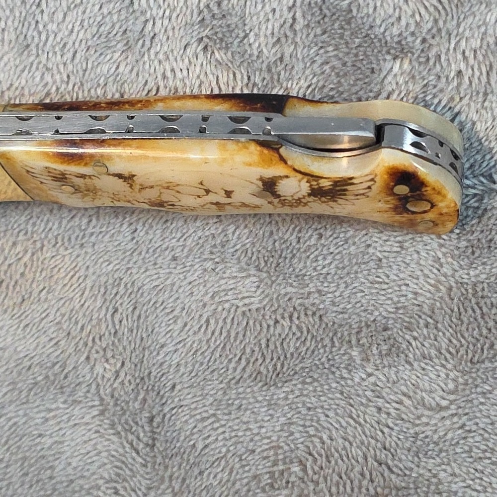Delta Knives Damascus 3 Inch‎ Drop Point Brass Carved Skull Wings... - Picture 7 of 12